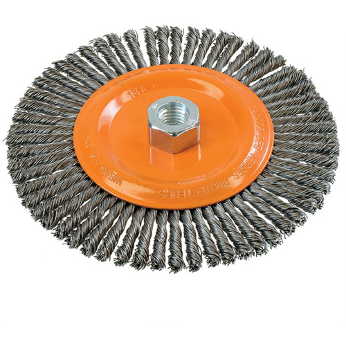 Stringer Bead Knotted Wire Brush, 6-7/8" Dia., 0.02" Fill, 5/8"-11 Arbor, Steel Consource