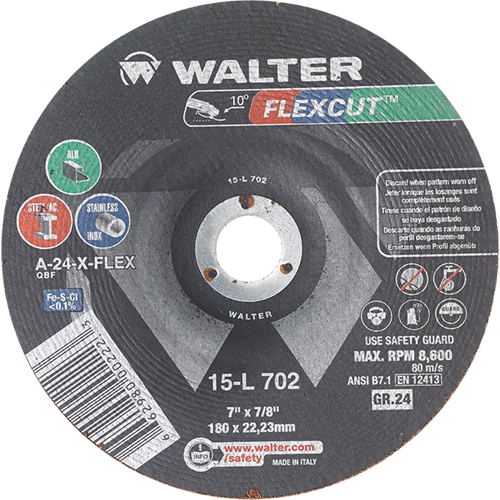 Meules &agrave; moyeu d&eacute;port&eacute; Flexcut, 7", 24 Grain, Oxyde d'aluminium, 7/8", 8600 Tr/min, Type 29 Consource