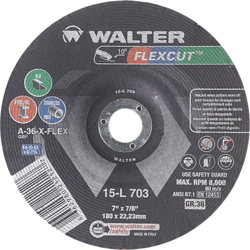 Flexcut Depressed Centre Grinding Wheels, 7", 36 Grit, Aluminum Oxide, 7/8", 8600 RPM, Type 29 Consource