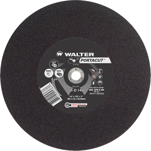 Meule &agrave; tronçonner rapide en acier inoxydable Portacut, 14" x 1/8", Arbre de 1", Type 1, Carbure de silicium, 5400 Tr/min Consource