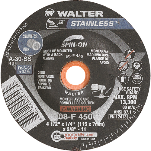Depressed Centre Grinding Wheels - Stainless Type 27, 4-1/2" x 1/4", 5/8"-11 Arbor, Type 27S Consource