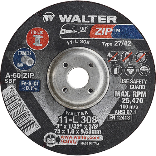 Disque de meulage et de tronçonnage Zip, 3" x 1/13", Arbre de 3/8", Type 27, Grain de 60, Oxyde d'aluminium Consource