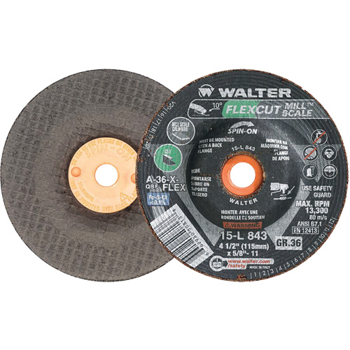 Meule FLEXCUT MILL SCALE, 4-1/2", 36 Grain, Oxyde d'aluminium, 5/8"-11, 13 300 Tr/min, Type 29 Consource