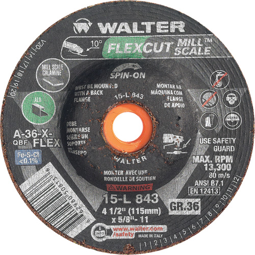Meule FLEXCUT MILL SCALE, 4-1/2", 36 Grain, Oxyde d'aluminium, 5/8"-11, 13 300 Tr/min, Type 29 Consource