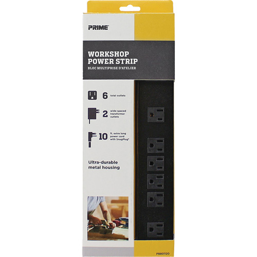 Metal Workshop Power Strip, 6 Outlet(s), 10', 15 A, 1875 W, 125 V Consource