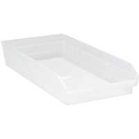 Shelf Bins, 11-1/8" W x 4" H x 23-5/8" D, Clear, 50 lbs. Capacity Consource