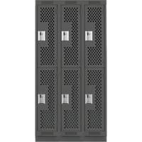 Clean Line Lockers, 2 -tier, Bank of 3, 36" x 18" x 76", Steel, Charcoal, Rivet (Assembled), Perforated Consource