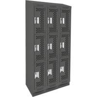 Clean Line Lockers, 3 -tier, Bank of 3, 36" x 18" x 82", Steel, Charcoal, Rivet (Assembled), Perforated Consource