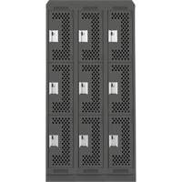 Clean Line Lockers, 3 -tier, Bank of 3, 36" x 18" x 82", Steel, Charcoal, Rivet (Assembled), Perforated Consource