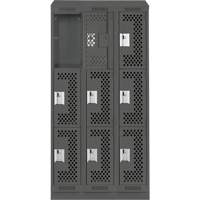 Clean Line Lockers, 3 -tier, Bank of 3, 36" x 18" x 82", Steel, Charcoal, Rivet (Assembled), Perforated Consource
