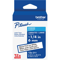 Ruban lamin&eacute; TZe-211 pour &eacute;tiqueteuses P-Touch compatibles avec les rubans TZe, Noir sur blanc, Largeur de 0,23" Consource
