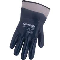 Gants bleu marine avec manchettes renforc&eacute;es &agrave; entoilage coll&eacute; Horizon, Moyen, R&ecirc;vetement Nitrile, Enveloppe en Jersey/Coton Consource