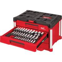242-Piece 1/4”, 3/8” & 1/2” Drive Metric & SAE Ratchet & Socket Set with PACKOUT 4-Drawer Tool Box, 16-3/10" x 22-1/5" x 14-3/10", Black/Red Consource