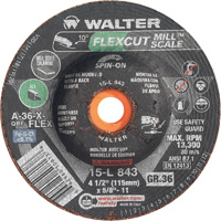 Meule FLEXCUT MILL SCALE, 4-1/2", 36 Grain, Oxyde d'aluminium, 5/8"-11, 13 300 Tr/min, Type 29 Consource